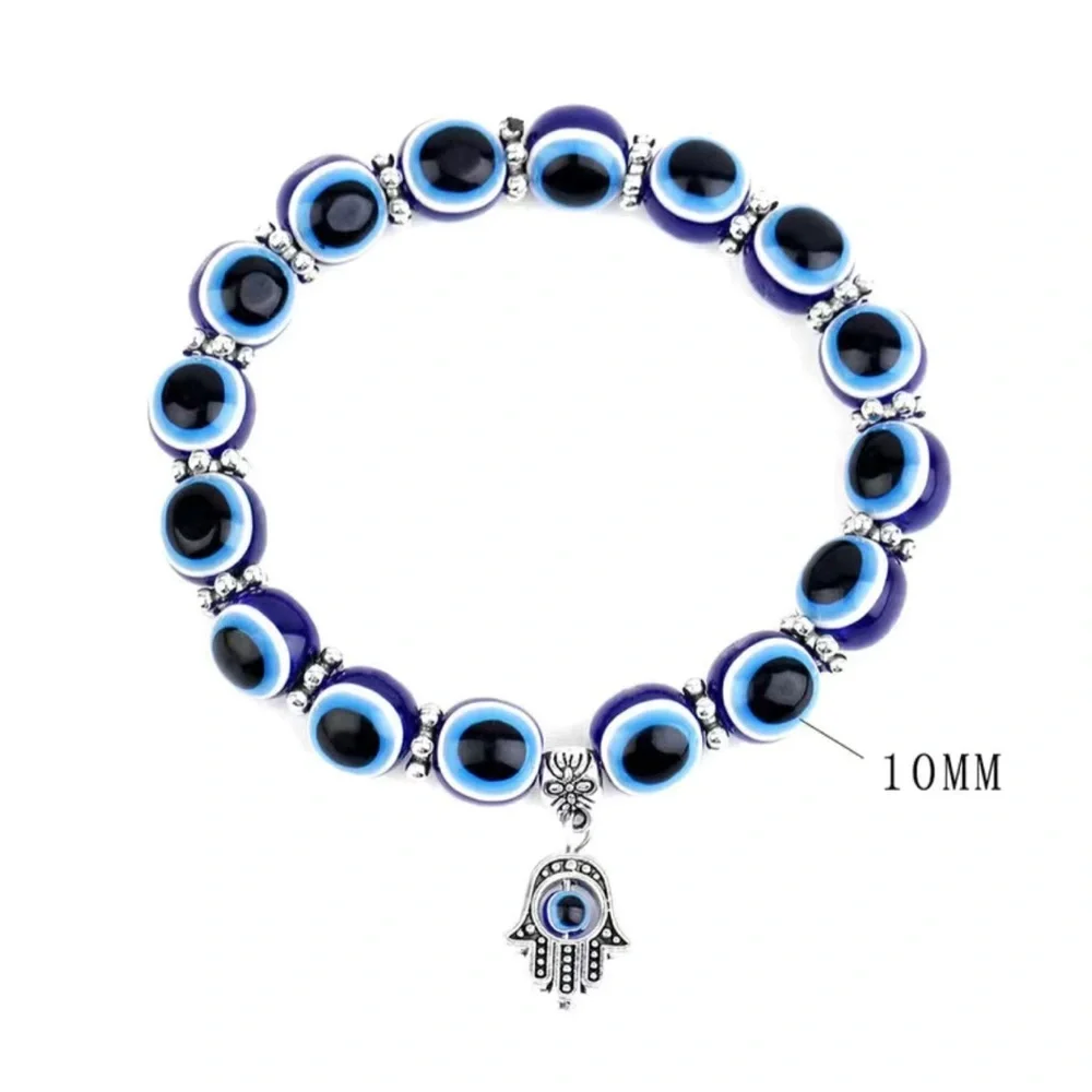 Blue Beaded Evil Eye Stretch Charm Bracelet - Picture 2 of 7